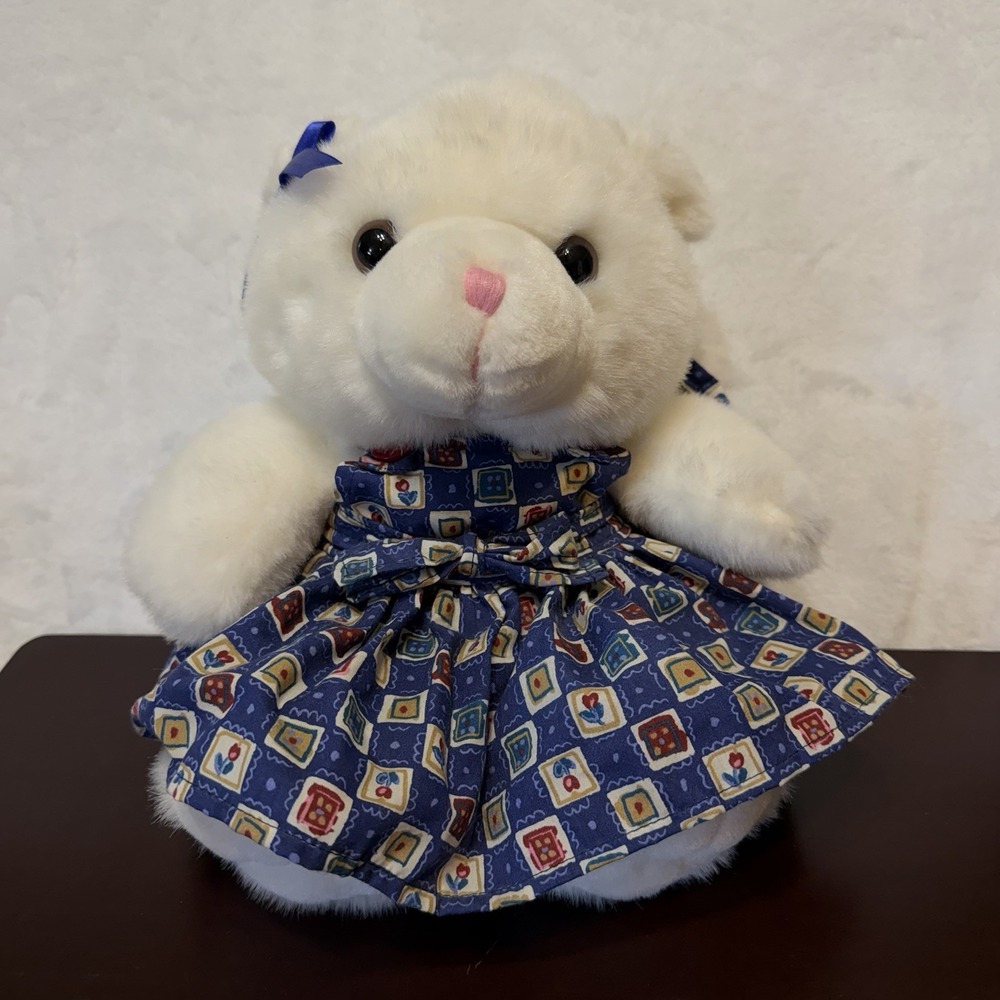 Build-a-Bear Workshop White Teddy Sitting Plush 1997 Pink Nose BAB Dress Outfit